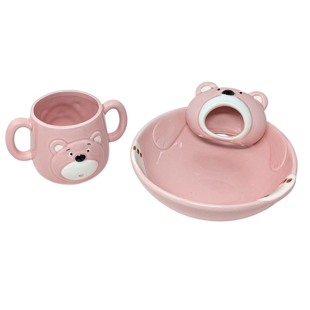 Vintage HIC Bear Feeding Bowl Pass Thru Mouth & Double Handle Cup Japan 80s Pink